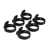 A set of four black rubber rings arranged neatly on a white background.