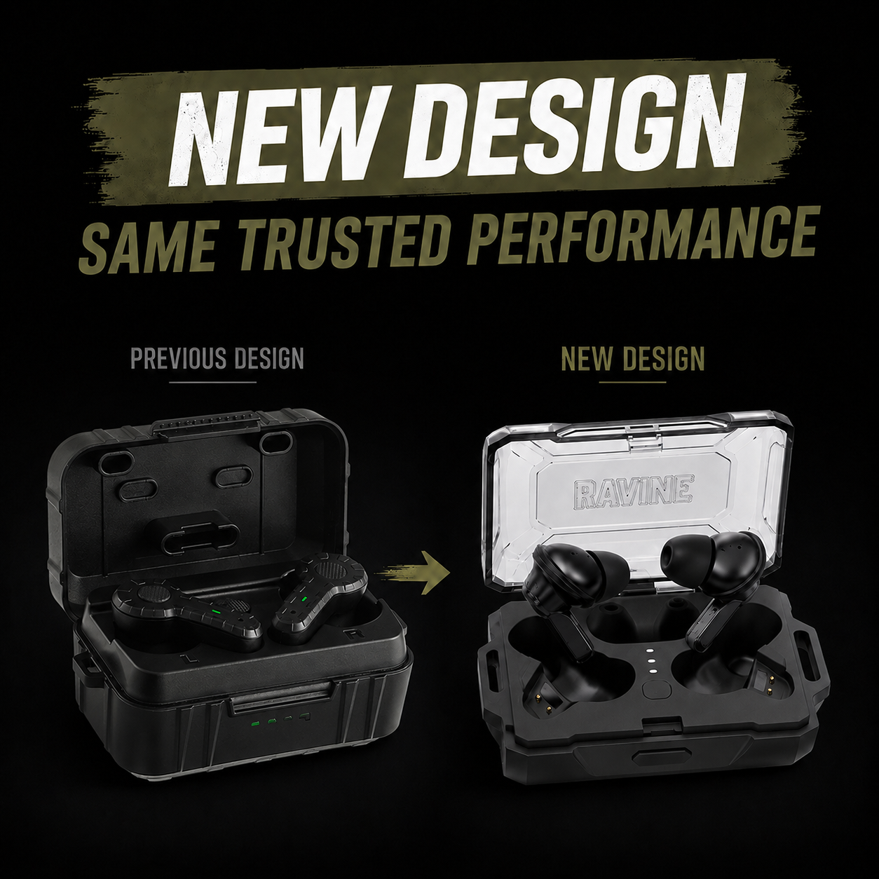 An advertisement comparing the previous and new designs of Ravine wireless earbuds and their charging cases.