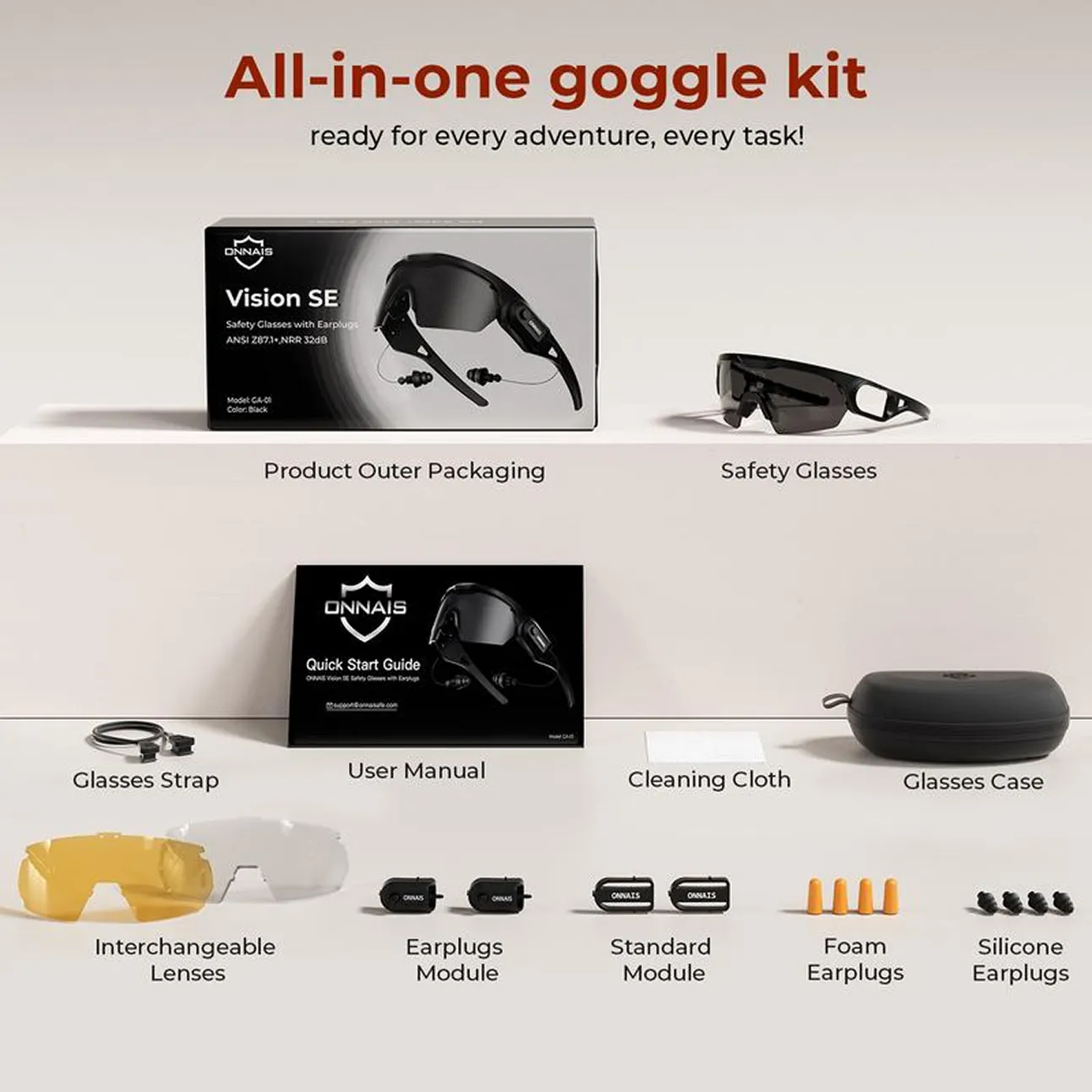 An all-in-one goggle kit with safety glasses, interchangeable lenses, earplugs, and various accessories laid out and labeled.