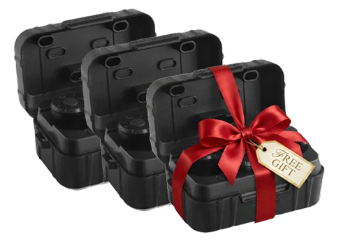 Three black cases, one with a red ribbon and 'Free Gift' tag.