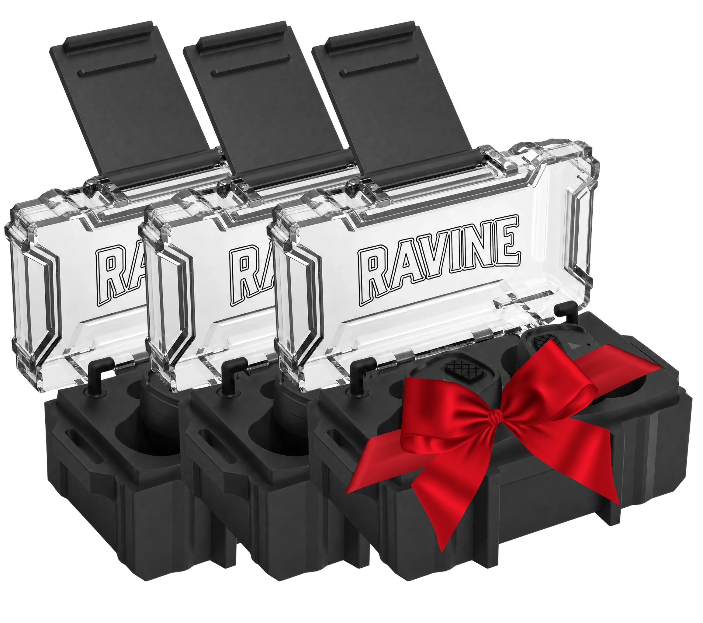 Three black Ravine protective cases with clear lids, one with a red gift bow.