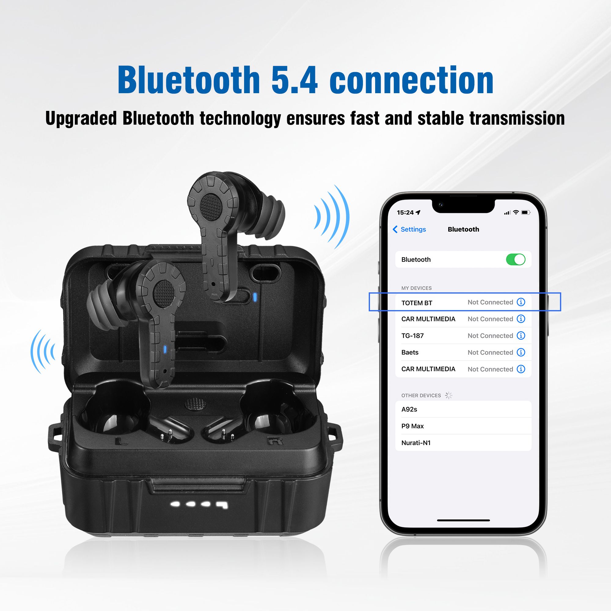 Promotional image of wireless earbuds in a charging case next to a smartphone showing Bluetooth connection settings.