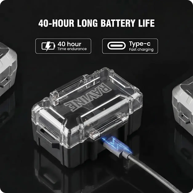 A Ravine brand charging case with a clear lid plugged into a Type-C cable, advertising long battery life.