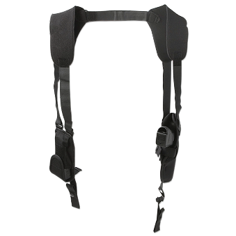A black over-the-shoulder holster with pouches, displayed on a white background.