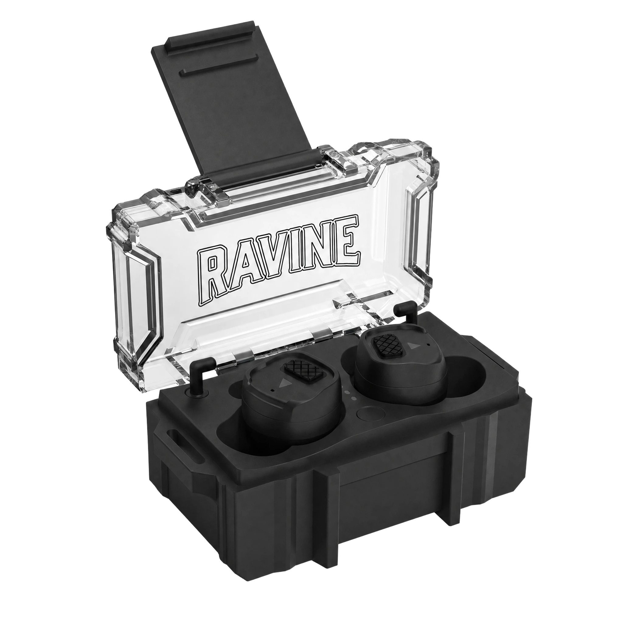 A pair of black Ravine wireless earbuds sitting in their open, rugged charging case with a clear lid.