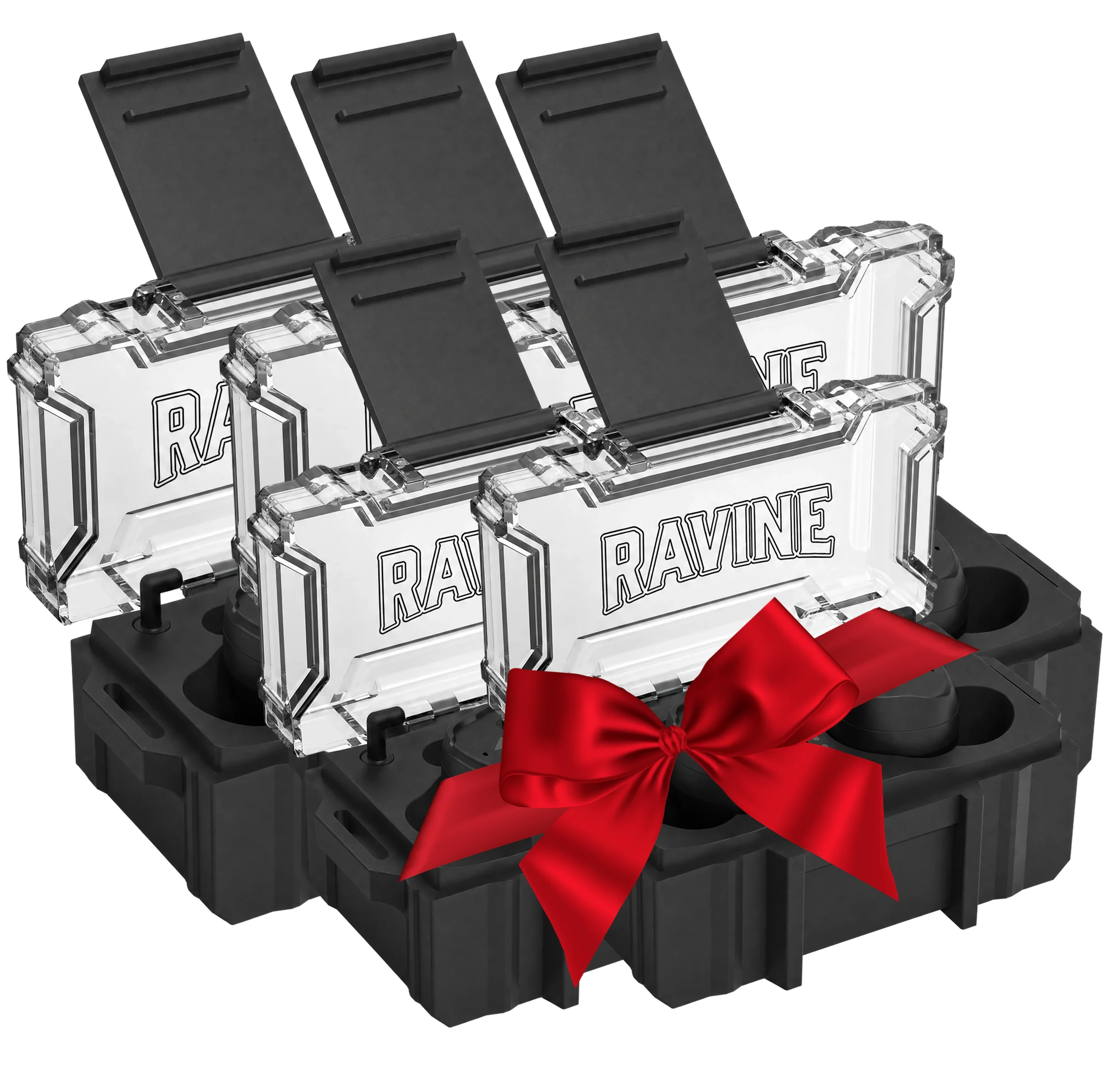 Six clear plastic cases labeled 'RAVINE' in a black holder with a large red gift bow.
