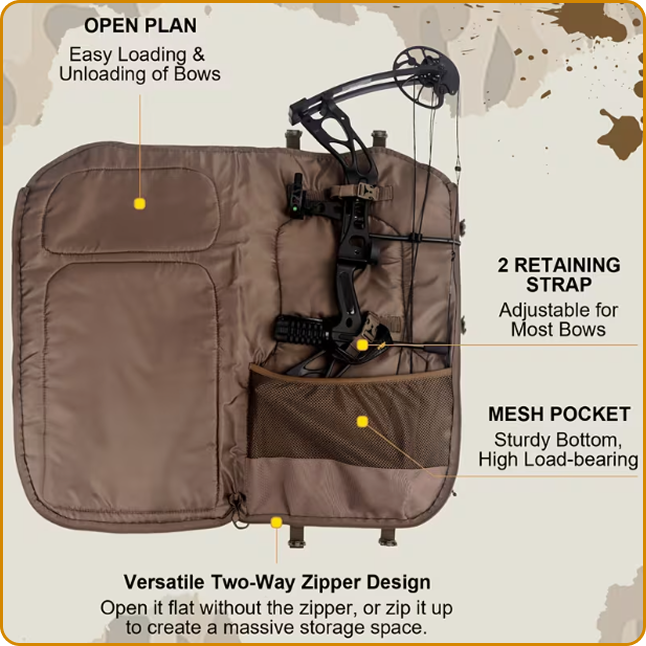 Archery bow case with mesh pocket and retaining straps, open for easy bow loading.