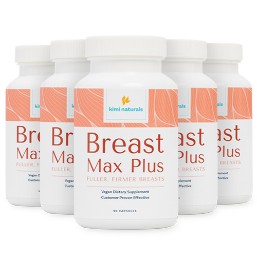Six bottles of 'Breast Max Plus' dietary supplement with white and orange labels.