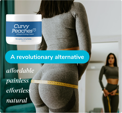 Advertisement for Curvy Peaches cream showing a woman in workout clothes measuring her buttocks with a tape measure.