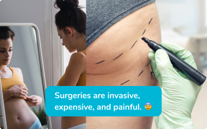 A collage showing a woman examining her stomach in a mirror and a hand marking a thigh for surgery.