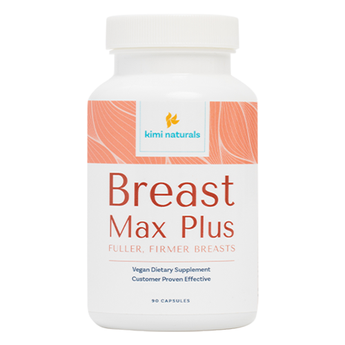 Bottle of dietary supplement labeled 'Breast Max Plus' for fuller, firmer breasts.