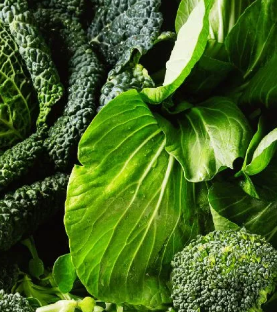 A close-up photograph of assorted green vegetables, including kale, broccoli, and leafy greens.
