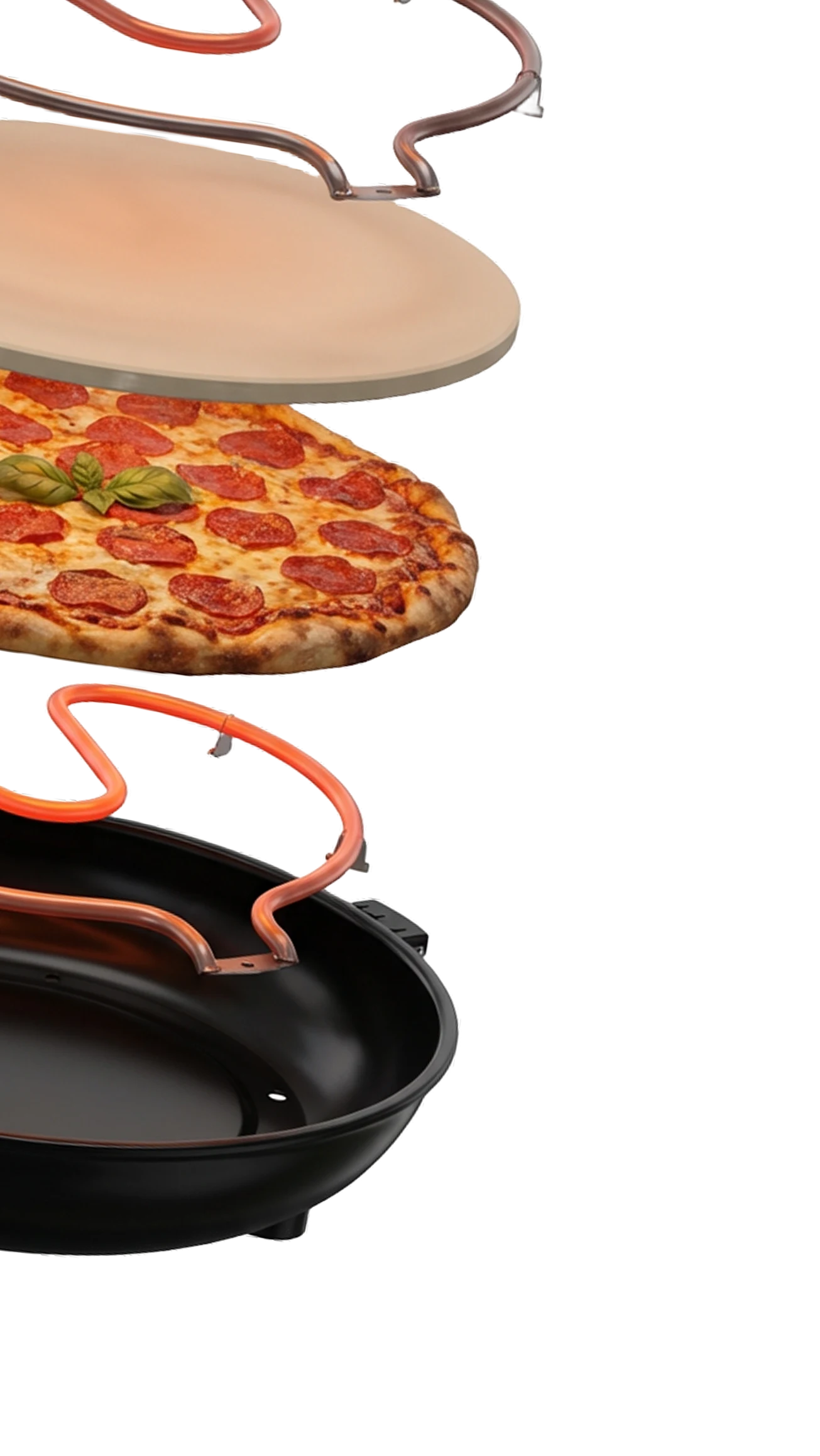 Exploded view of a pizza oven with pizza, heating elements, and baking stone.