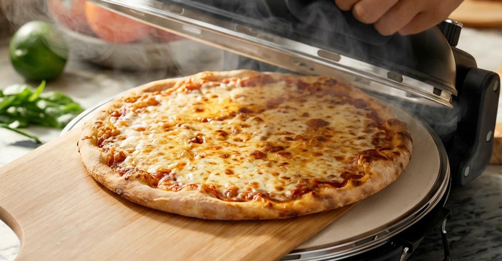 A cheese pizza being baked in a pizza oven.