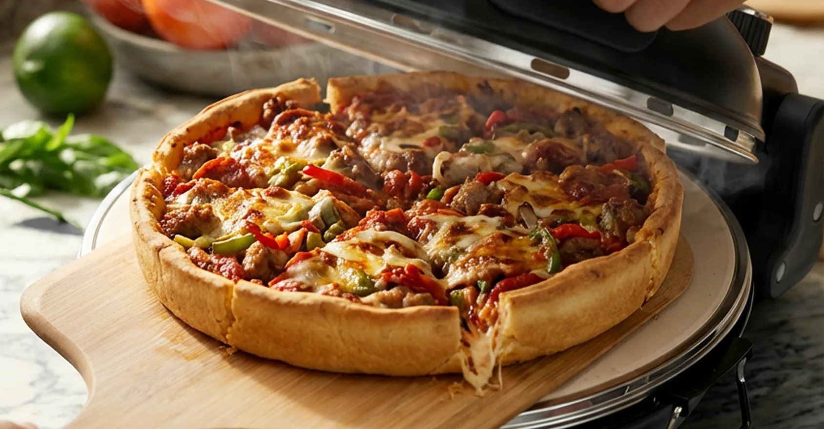 Deep dish pizza with toppings on a wooden board, steam rising.
