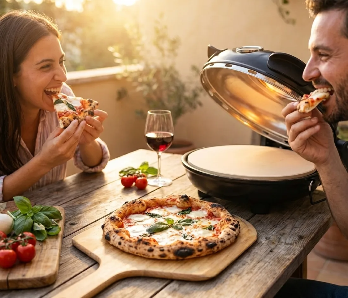 Two people enjoy pizza at an outdoor table with a pizza oven nearby.