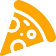 Icon of an orange pizza slice with toppings.