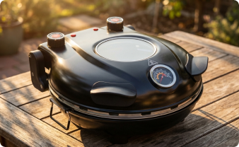 Black outdoor pizza oven on a wooden table.