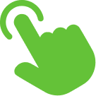 A solid green icon of a hand with its index finger tapping or clicking.