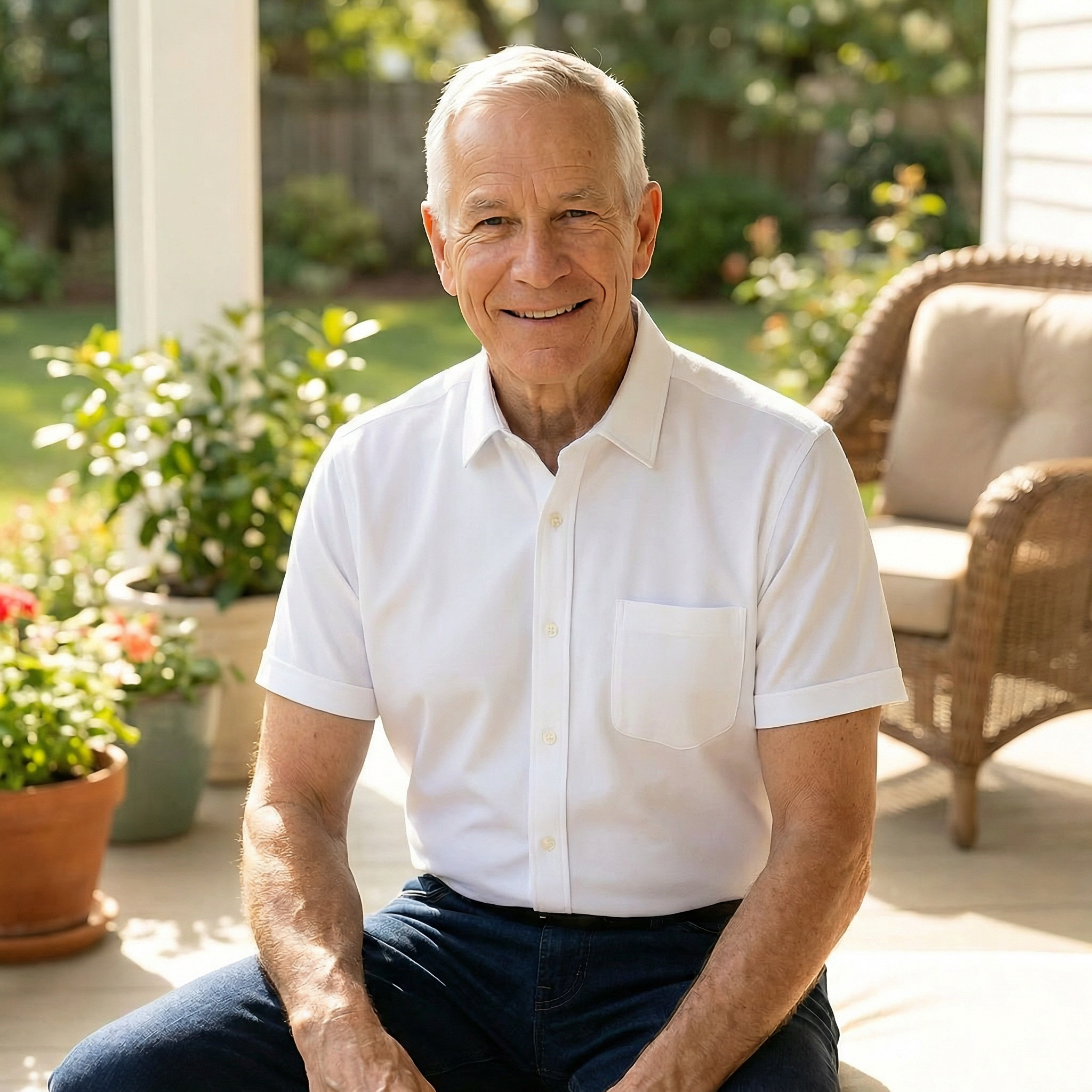 An older man with white hair, in a white shirt and jeans, smiles while sitting on a porch.