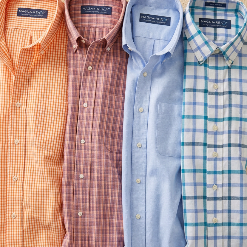 Four folded men's button-down shirts in various colors and patterns are displayed side-by-side.