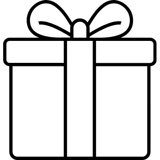 A simple black and white line drawing of a gift box with a bow on top.