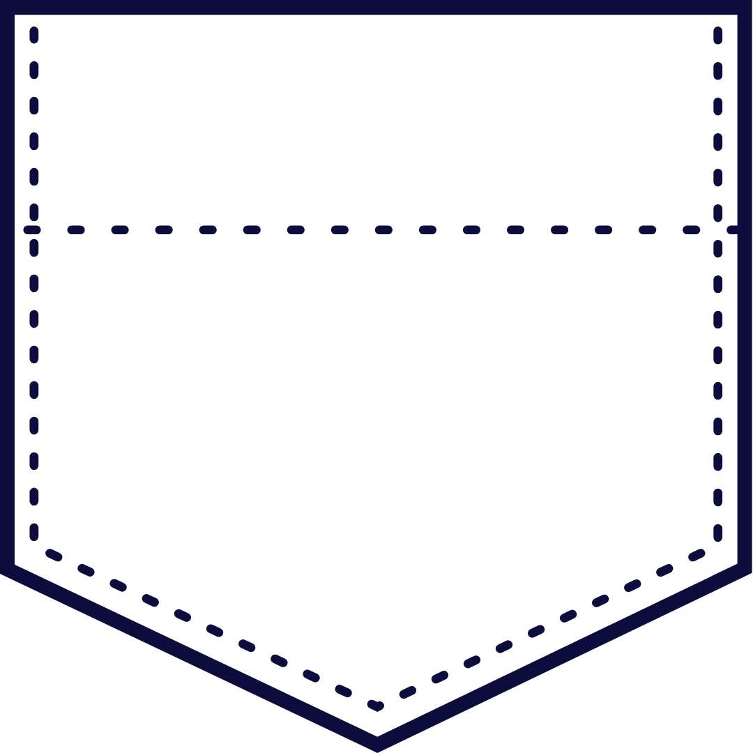 A simple dark blue line drawing of a pocket with a dashed line for stitching.