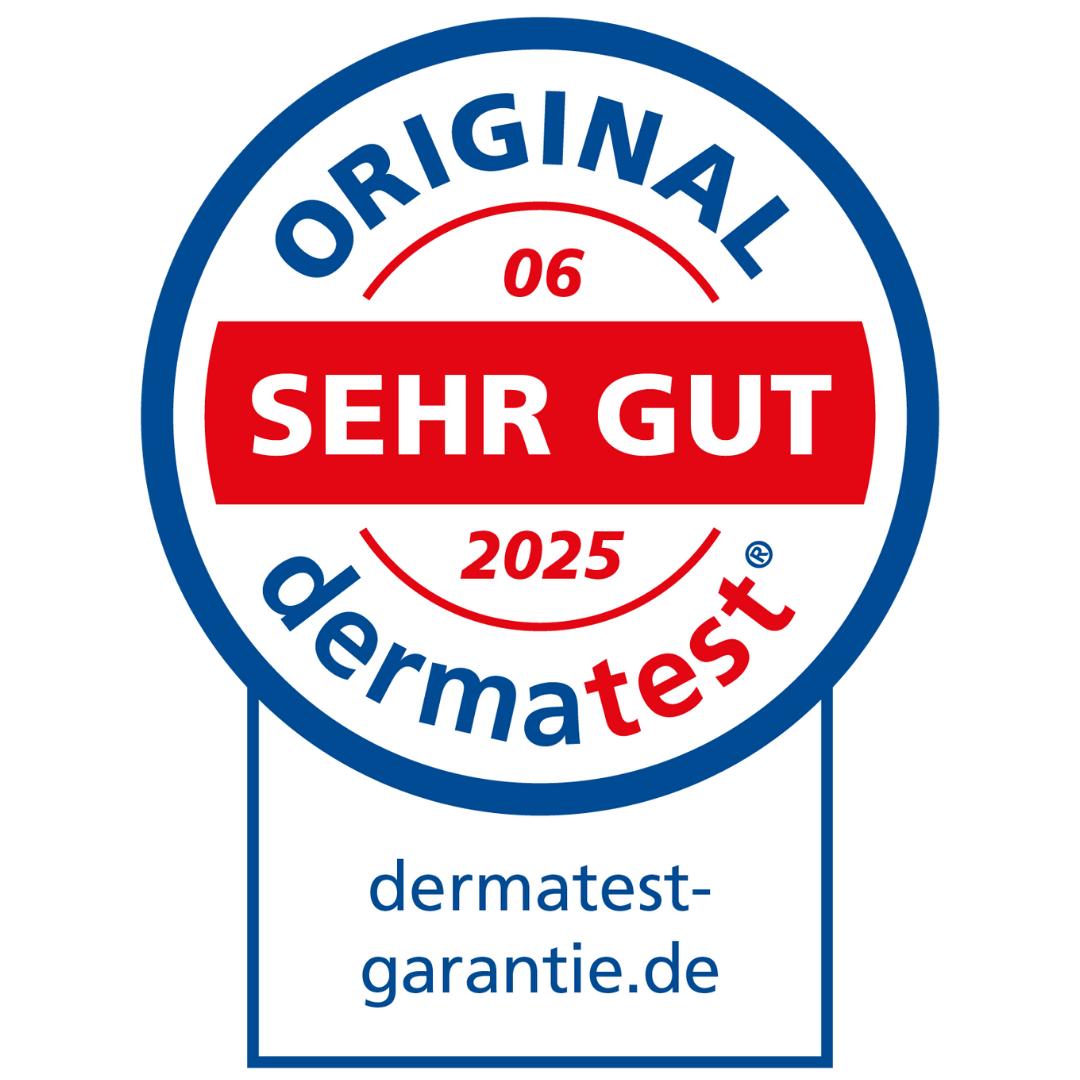 Dermatest seal with 'SEHR GUT,' dates 06 and 2025, and website link.