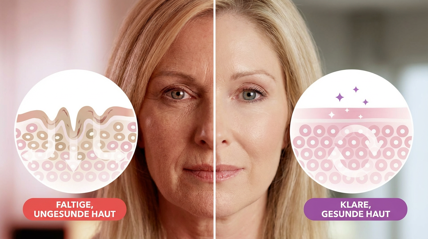 A split-screen image comparing wrinkled skin on the left to smooth skin on the right side of a woman's face.