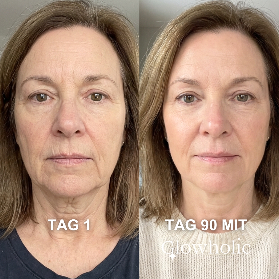 A before-and-after split image showing a woman's face on day 1 and day 90, with reduced wrinkles.