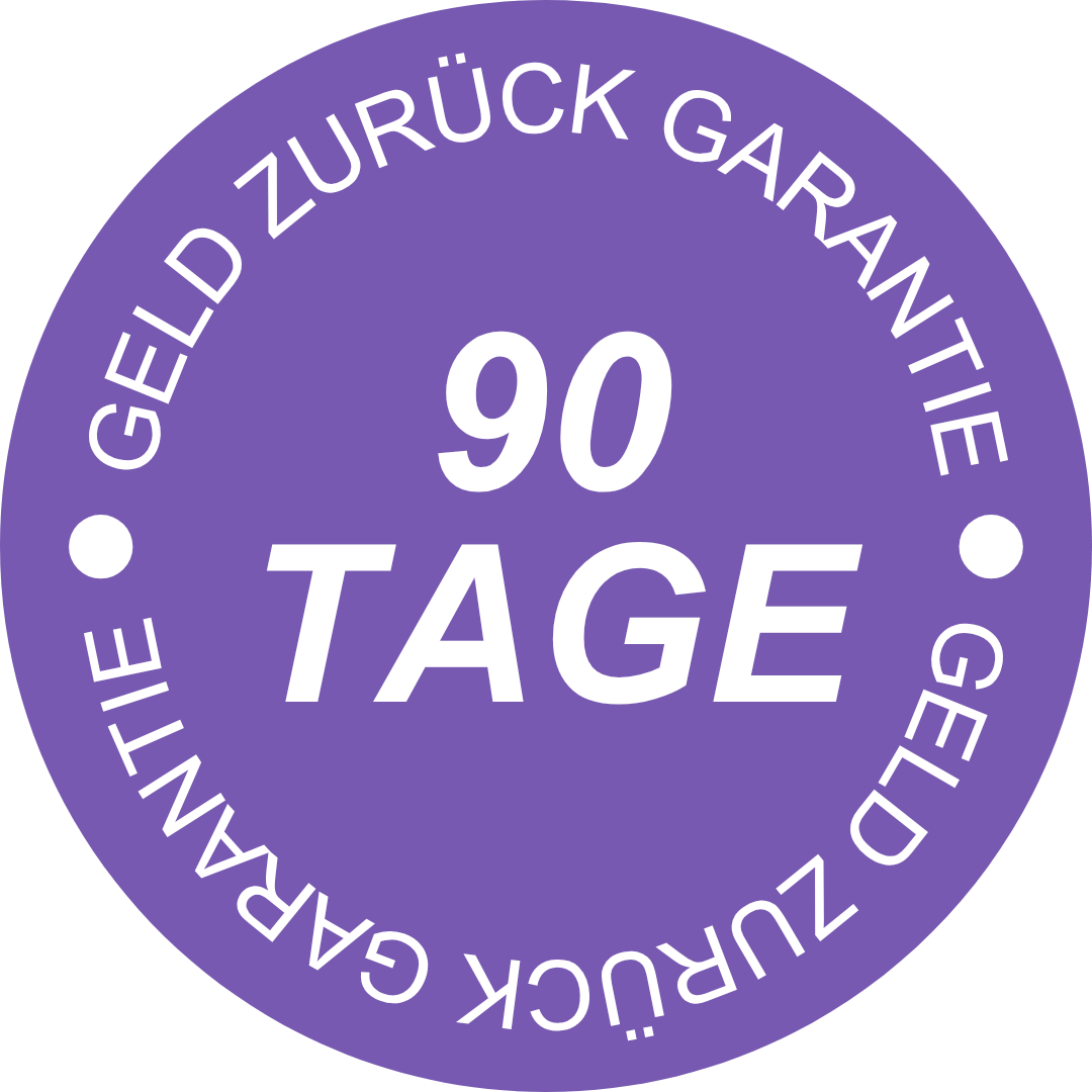 Purple circle with text '90 Tage Geld Zurück Garantie' in white.