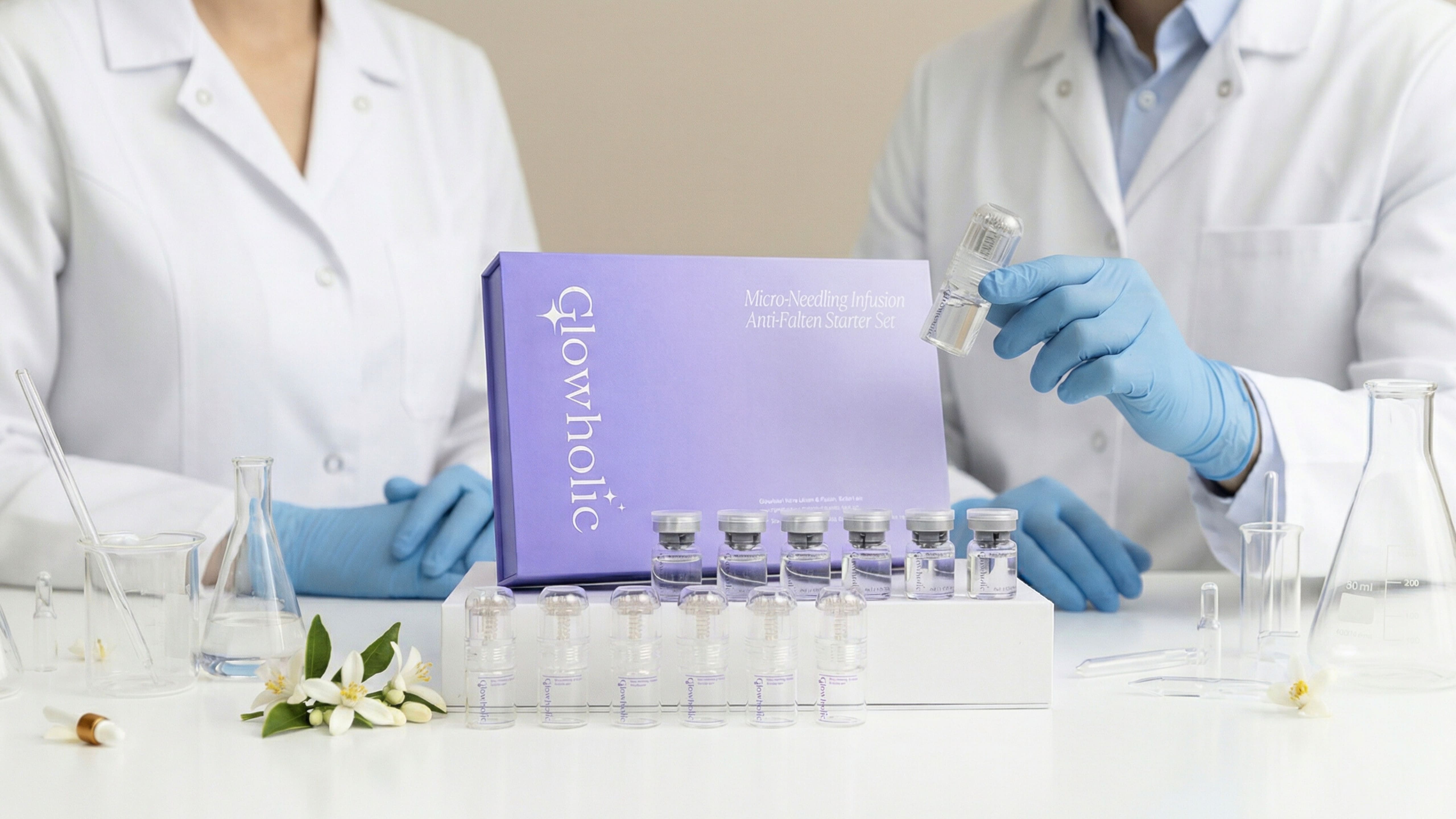 Two people in lab coats examining a Glowholic micro-needling infusion starter set on a laboratory table.
