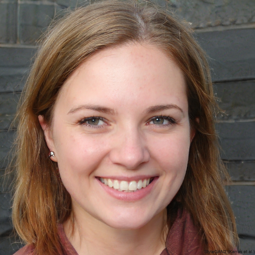 Smiling woman with brown hair against a gray brick wall.