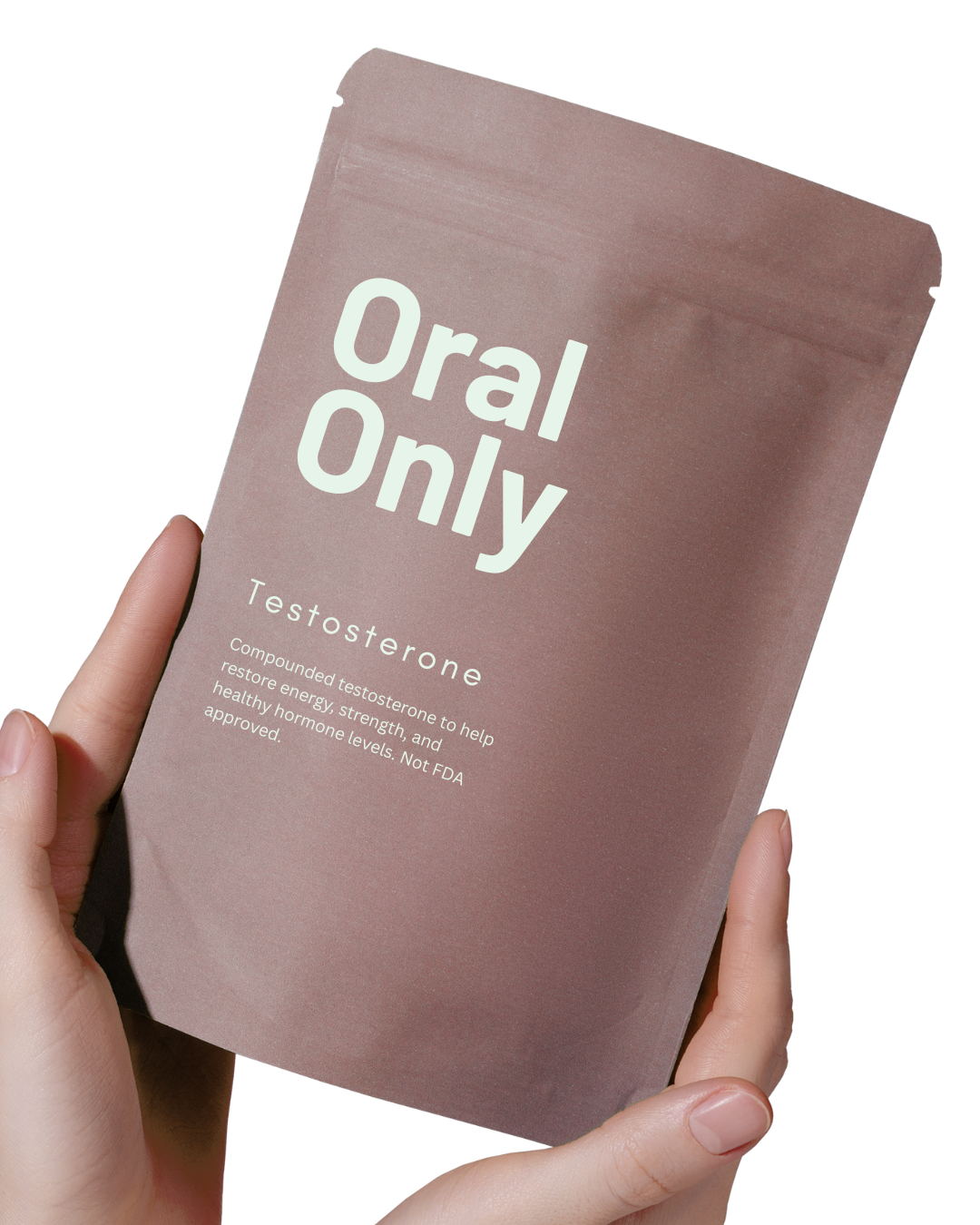 Hands holding a brown packet labeled 'Oral Only Testosterone.'