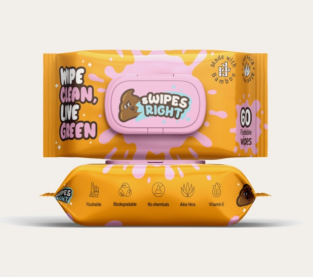 Packaging of 'Swipes Right' flushable wipes with eco-friendly features and playful design.