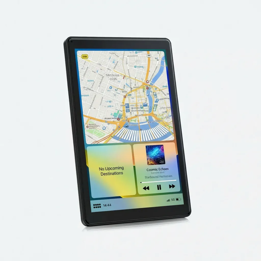 Tablet displaying a map and music player interface on a white background.