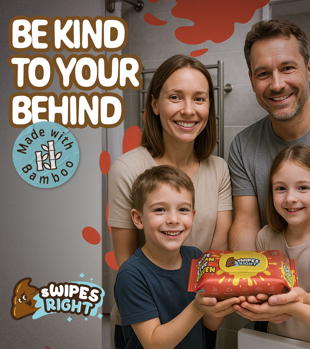 Smiling family holding a package of bamboo wipes in a bathroom.