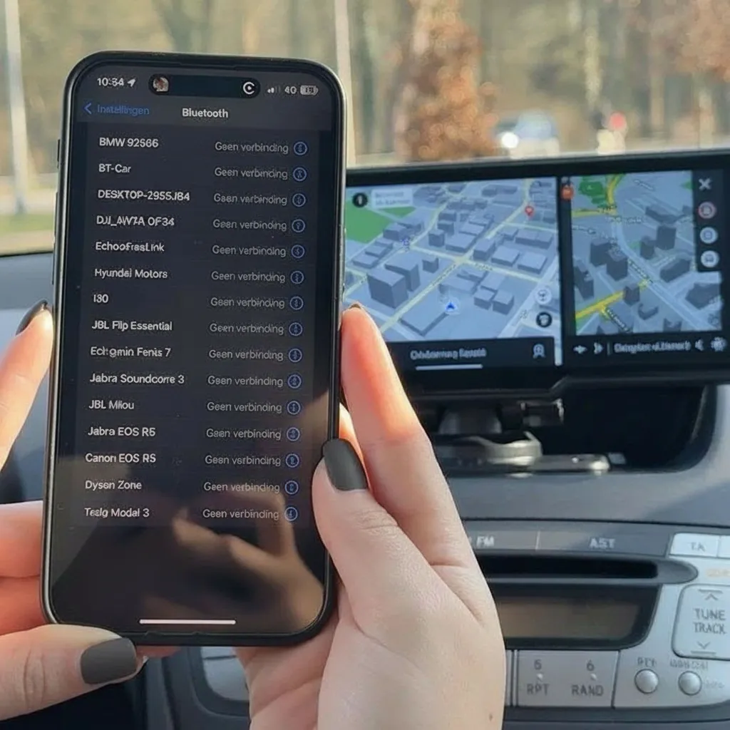 Person holding a smartphone showing Bluetooth settings in a car.
