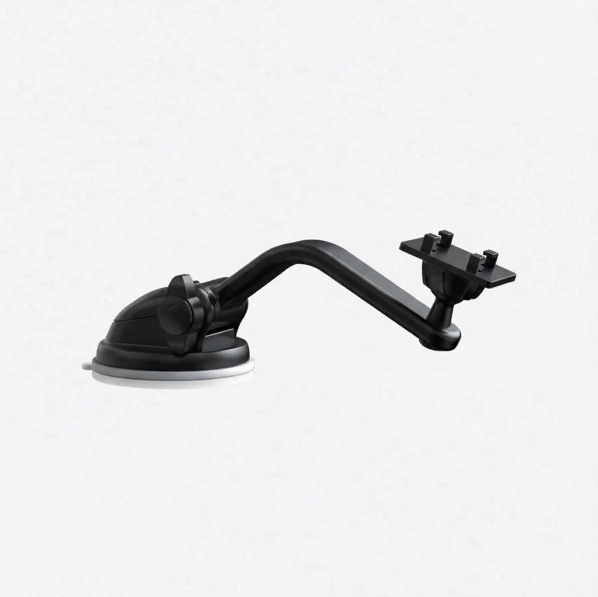 Black suction mount with an adjustable arm, isolated on a white background.