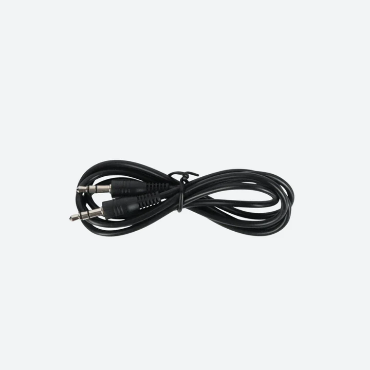Coiled black audio cable with connectors on both ends.