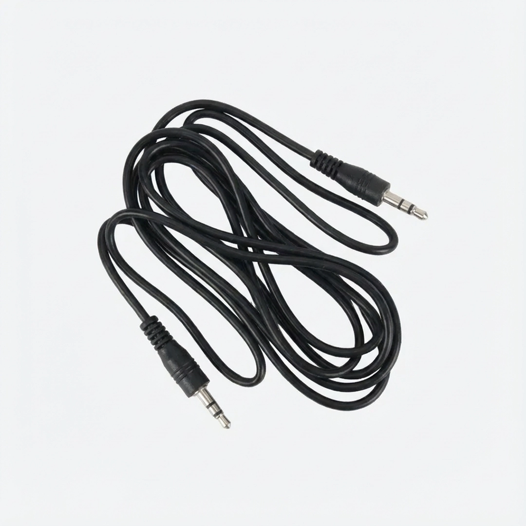 Black audio cable with two male connectors on a white background.