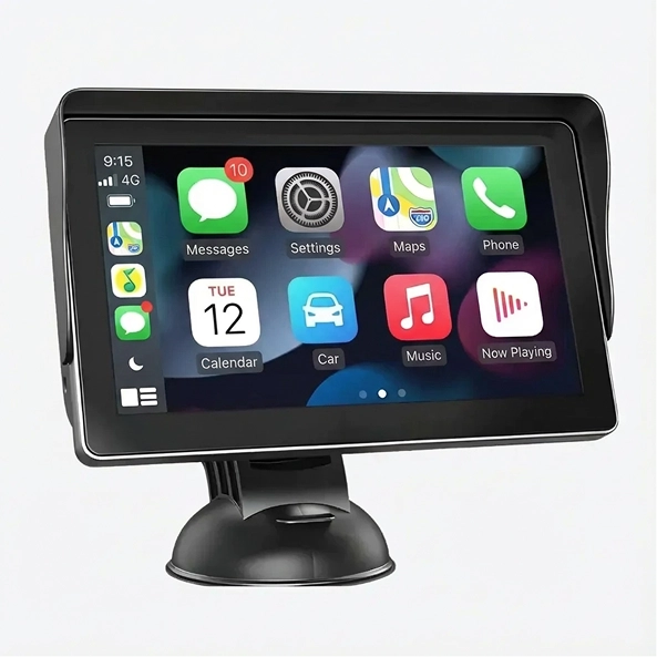 Car dashboard screen displaying various app icons and notifications.