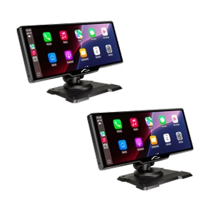Two touchscreen displays with colorful app icons on black stands.