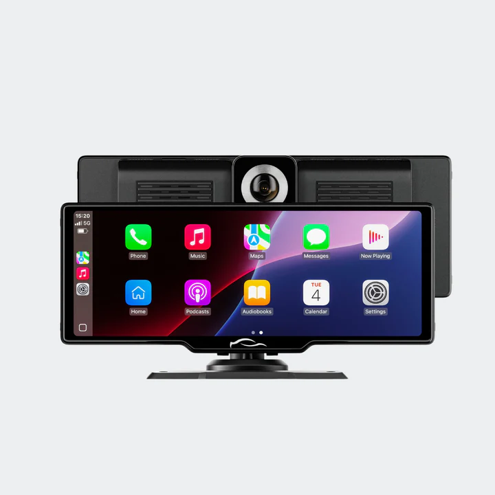 Wide touchscreen device displaying various app icons on a light grey background.