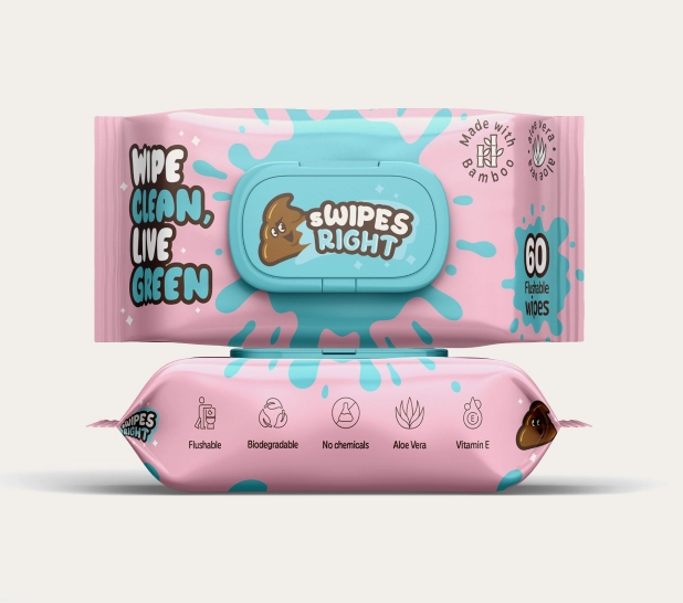 Pink and blue packaging of biodegradable wipes with text and icons.