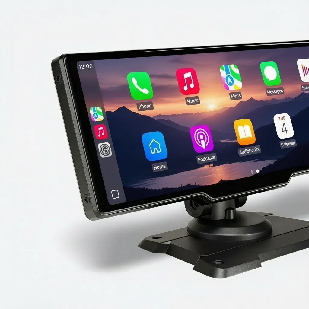 A digital display showing app icons and a mountain landscape background.