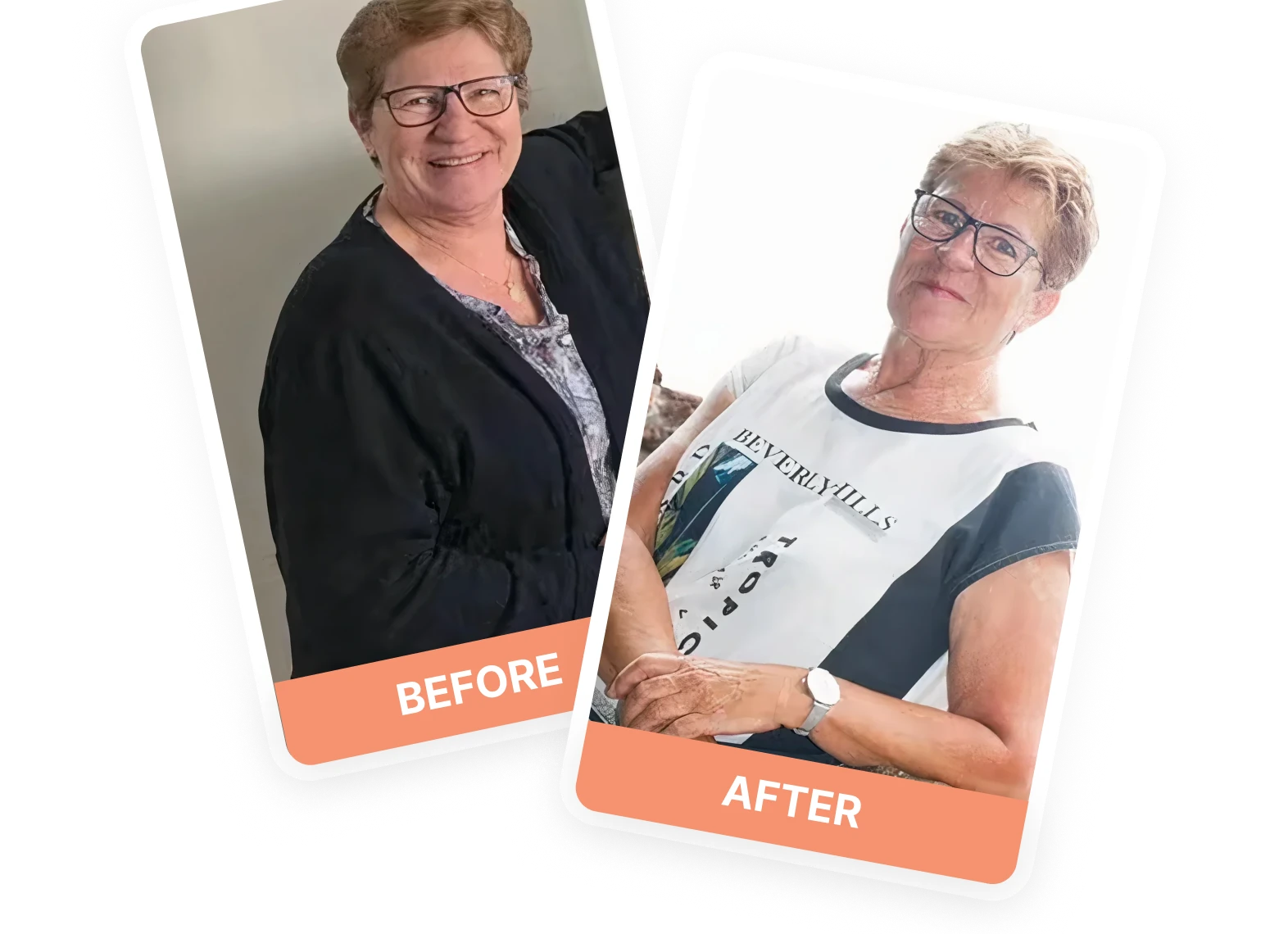 Before and after photos of a smiling woman showing transformation.
