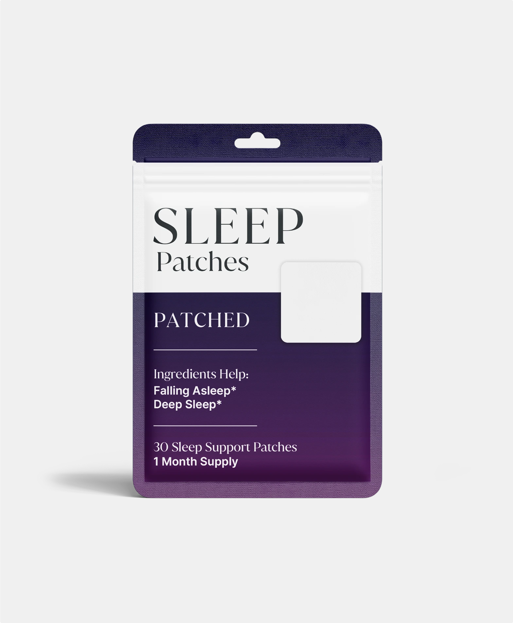 Packaging for sleep patches with text about sleep support and ingredients.