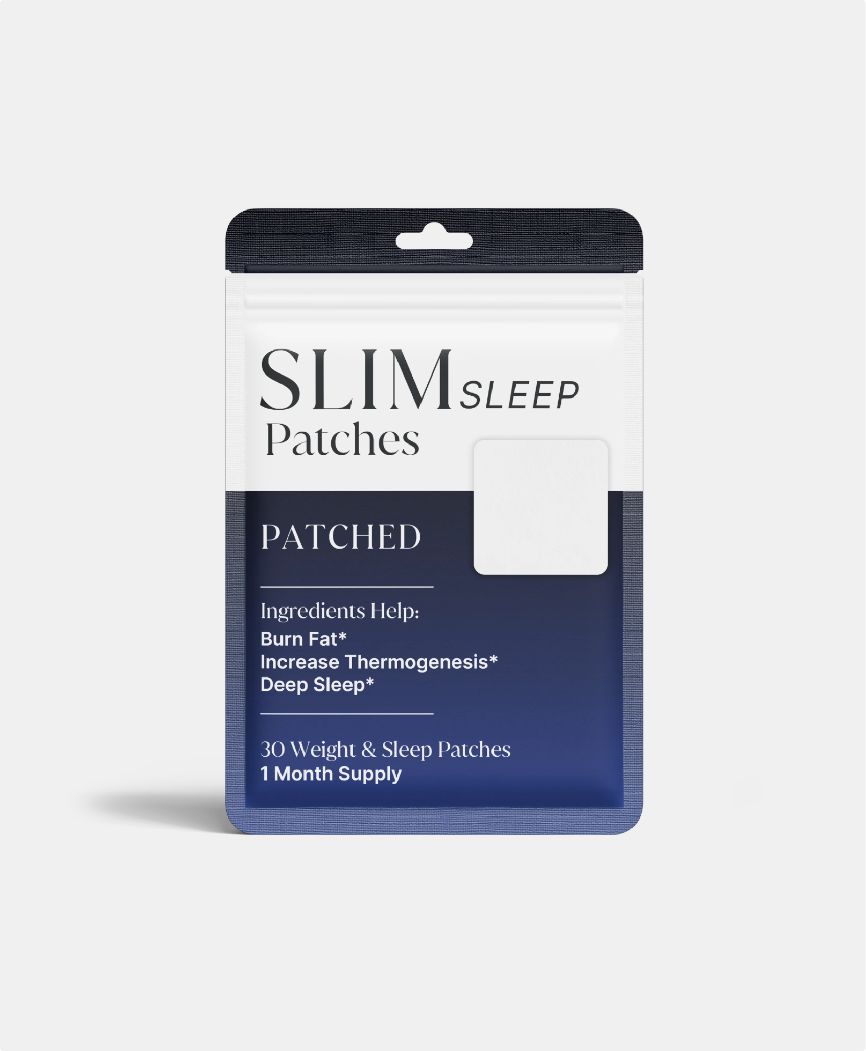 Packaging for 'Slim Sleep Patches' with benefits listed: burn fat, increase thermogenesis, deep sleep.