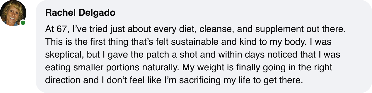 Testimonial from Rachel Delgado about a sustainable weight loss product.
